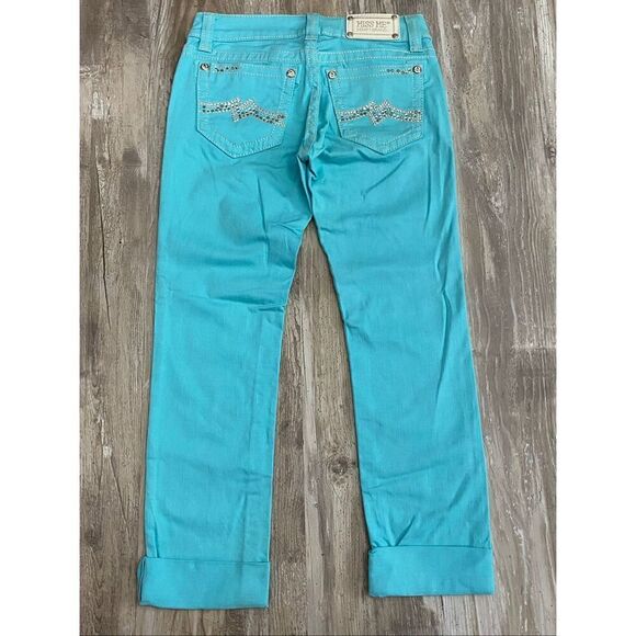 Miss Me Cuffed Skinny Jeans Teal Blue Rhinestones Women’s Sz 26 - Picture 6 of 9